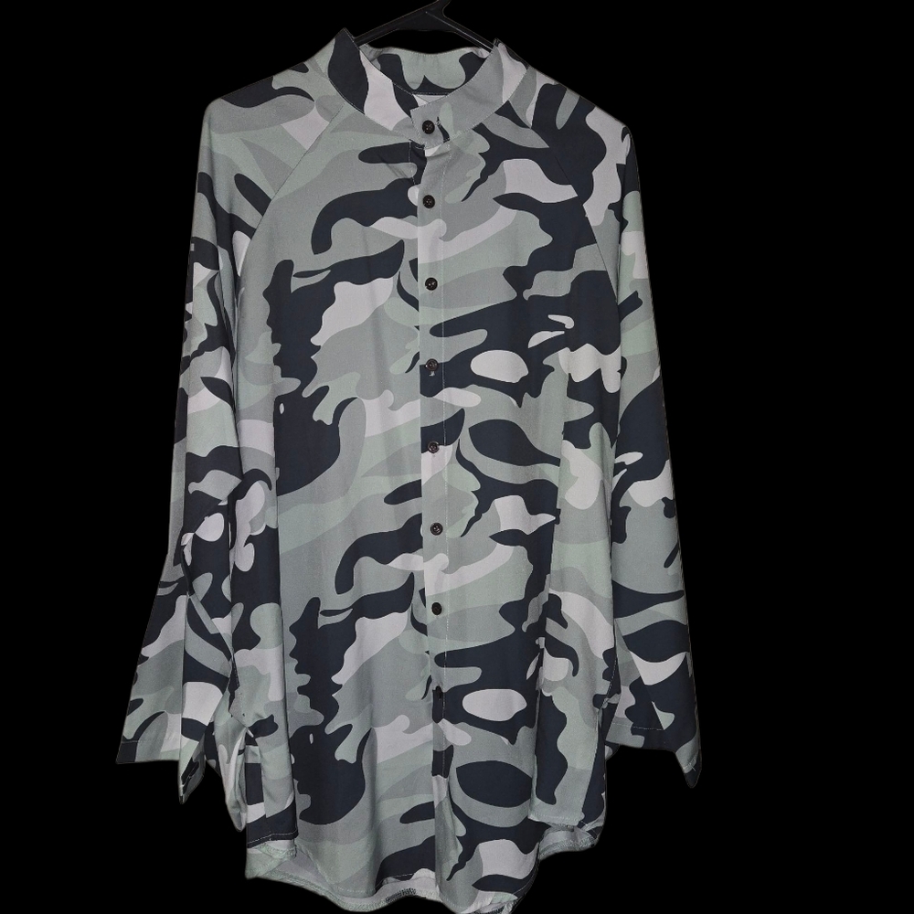 Green Camo Print Button Down Shirt